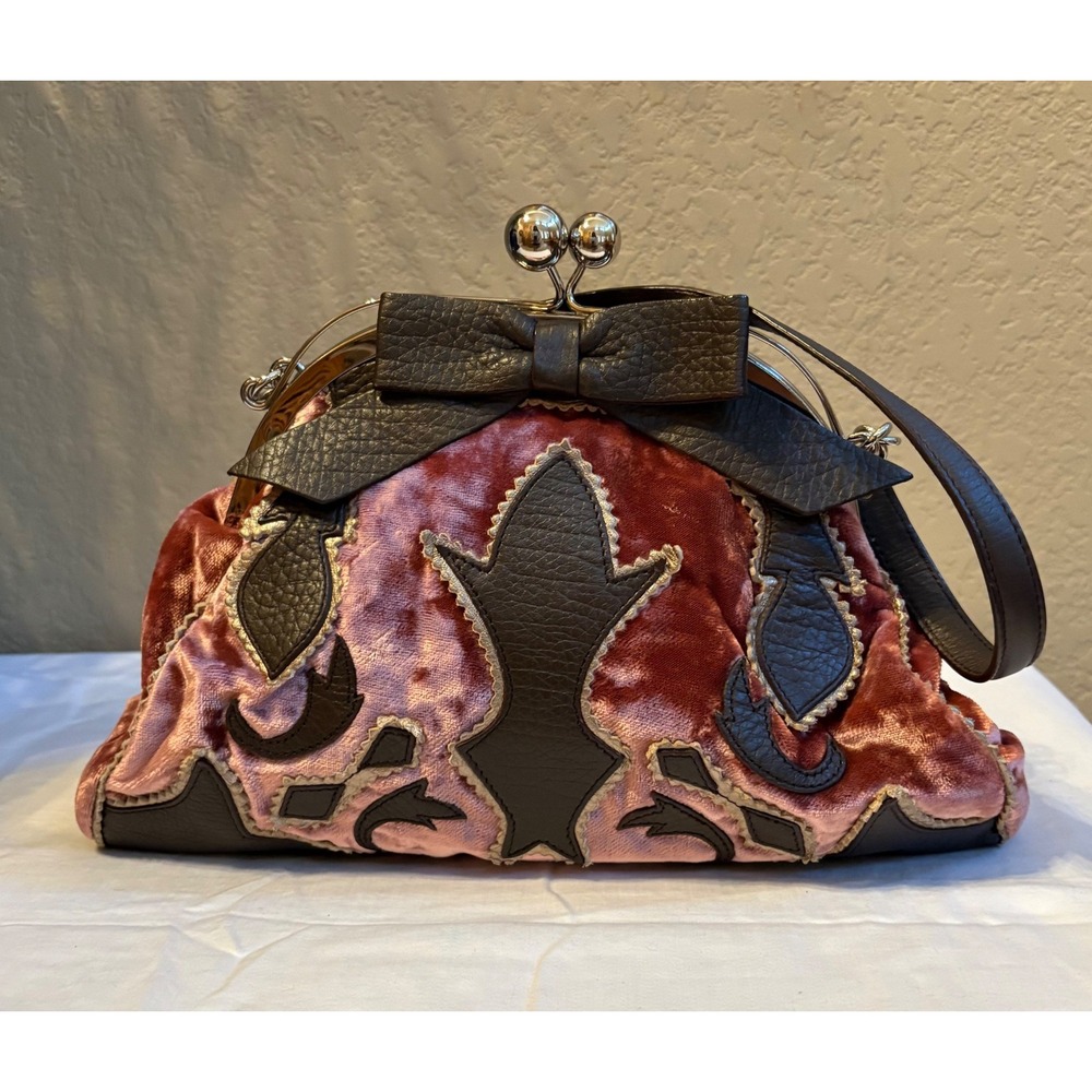 DKNY Velvet Kisslock Shoulder Bag Pink Brown Bow Y2K Coquette Purse - Picture 2 of 16